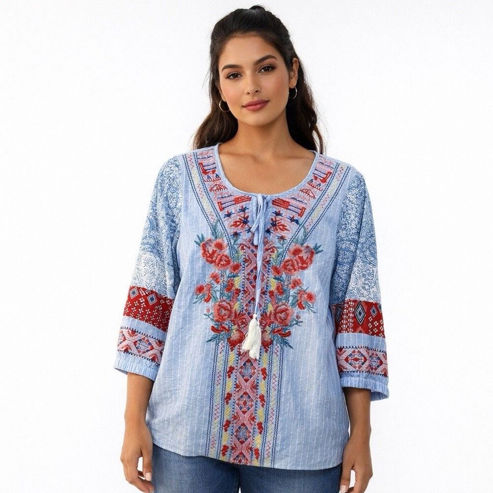 Calessa Shirt Womens Small Blue Embroidered Boho Peasant Tunic Top 3/4 Sleeve